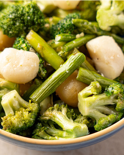Stir-fried Broccoli, Water Chestnut and Asparagus