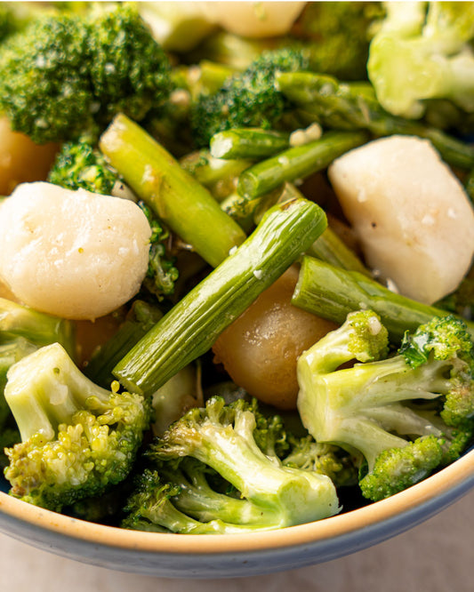 Stir-fried Broccoli, Water Chestnut and Asparagus